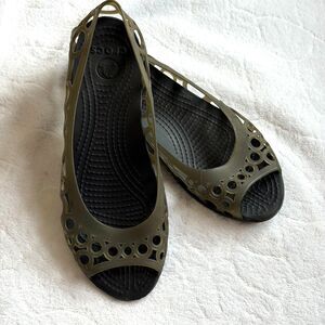 Crocs Adrina Jelly Peep Toe Slip On Ballet Flat Shoes Womens Sz 7 Olive Green